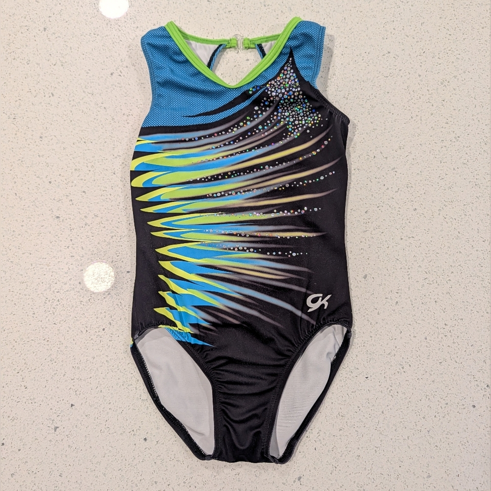 BEAUTIFUL GK Elite Gymnastics Dance Leotard medium CM Green Blue OLYMPIC REPLICA